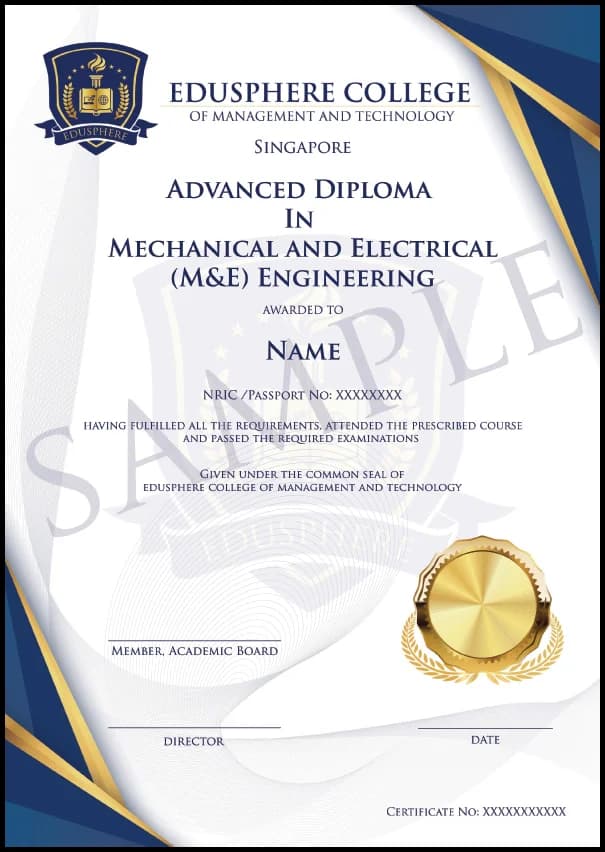 Advanced Diploma in Mechanical and Electrical (M&E) Engineering certificate sample