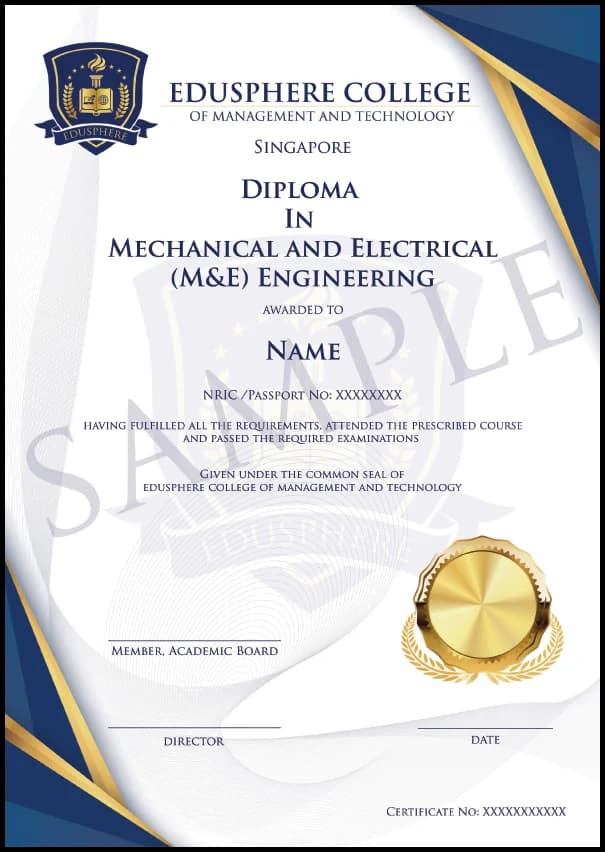 Diploma in Mechanical and Electrical (M&E) Engineering certificate sample