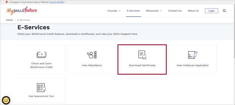 E-Services page showing Download Certificates option