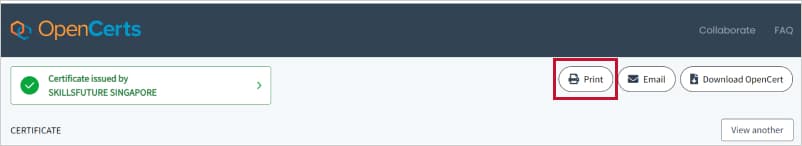 OpenCerts page showing the Print button