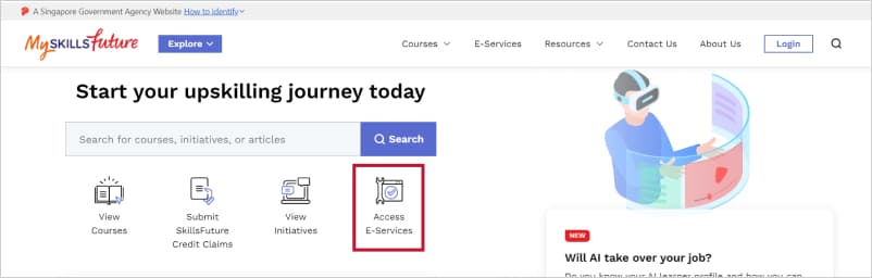 MySkillsFuture homepage showing Access E-Services option